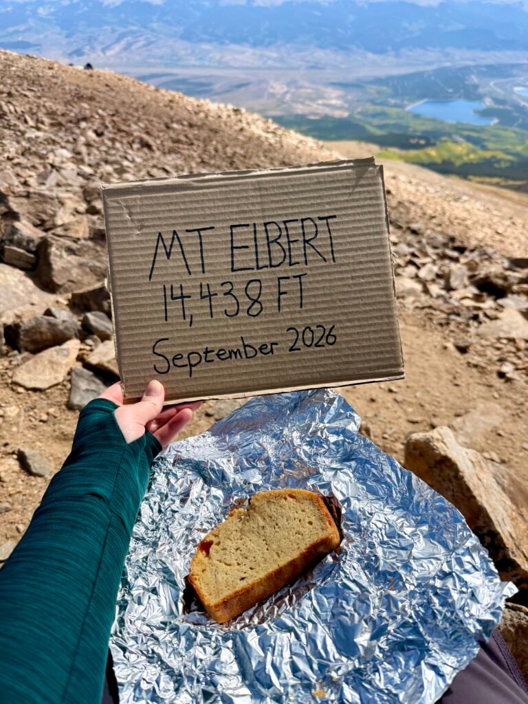Slice of golden syrup banana bread on Mt. Elbert in Colorado