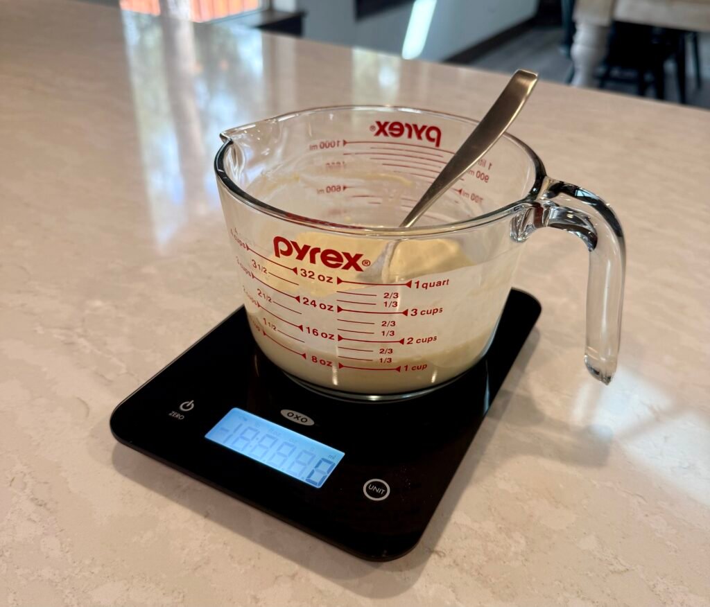Digital kitchen scale with measuring jug in my baking kitchen